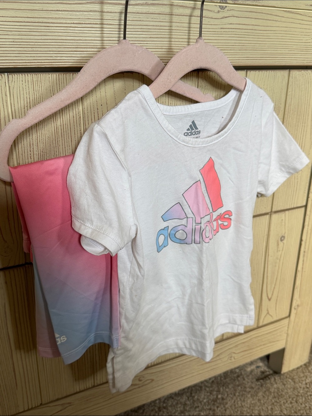 adidas Kids White Tee with Pink and Light Blue Logo AND matching 3/4 leggings